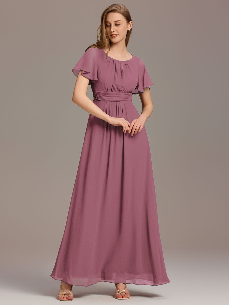 Bodenlanger A-Linien Chiffon Kleid Mit Falten Und Raffung Rundhalsausschnitt #Farbe_Orchideenviolett