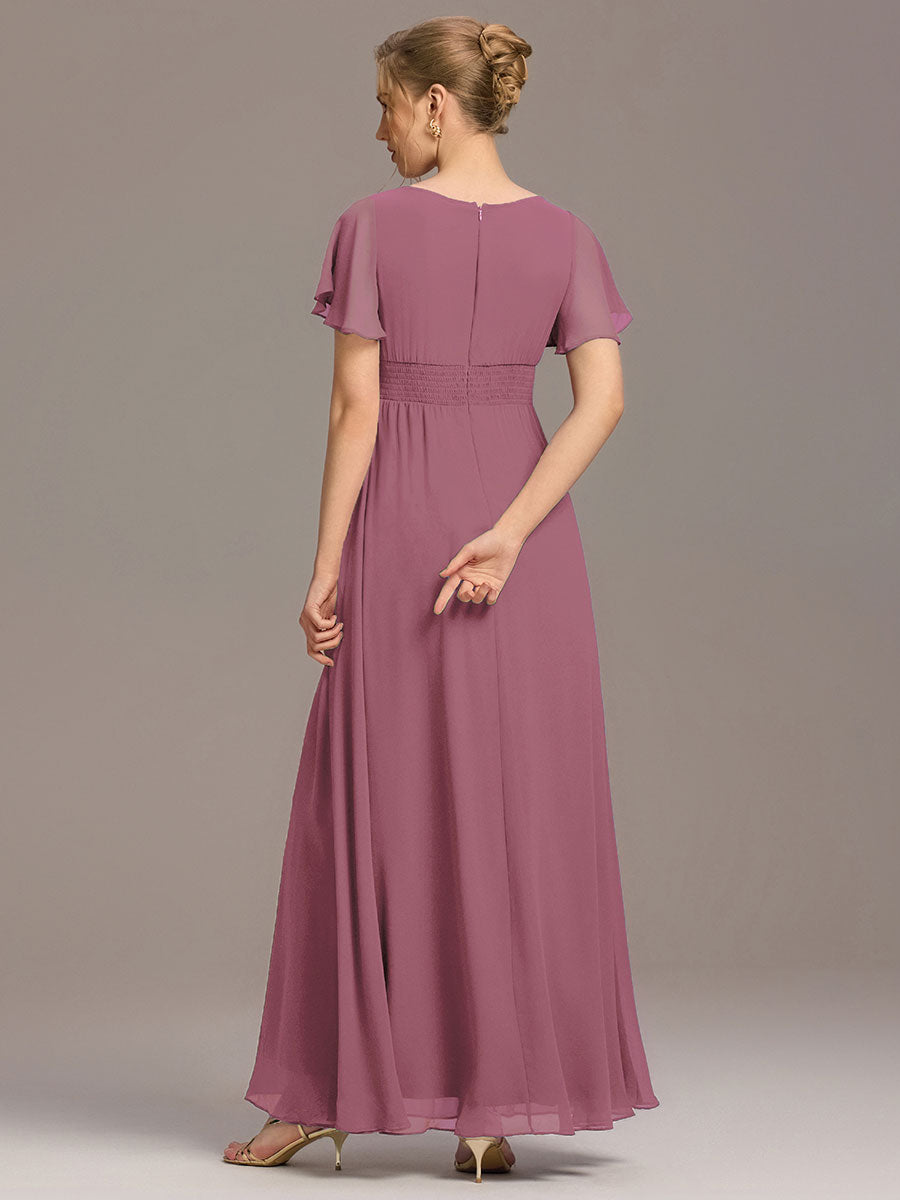 Bodenlanger A-Linien Chiffon Kleid Mit Falten Und Raffung Rundhalsausschnitt #Farbe_Orchideenviolett