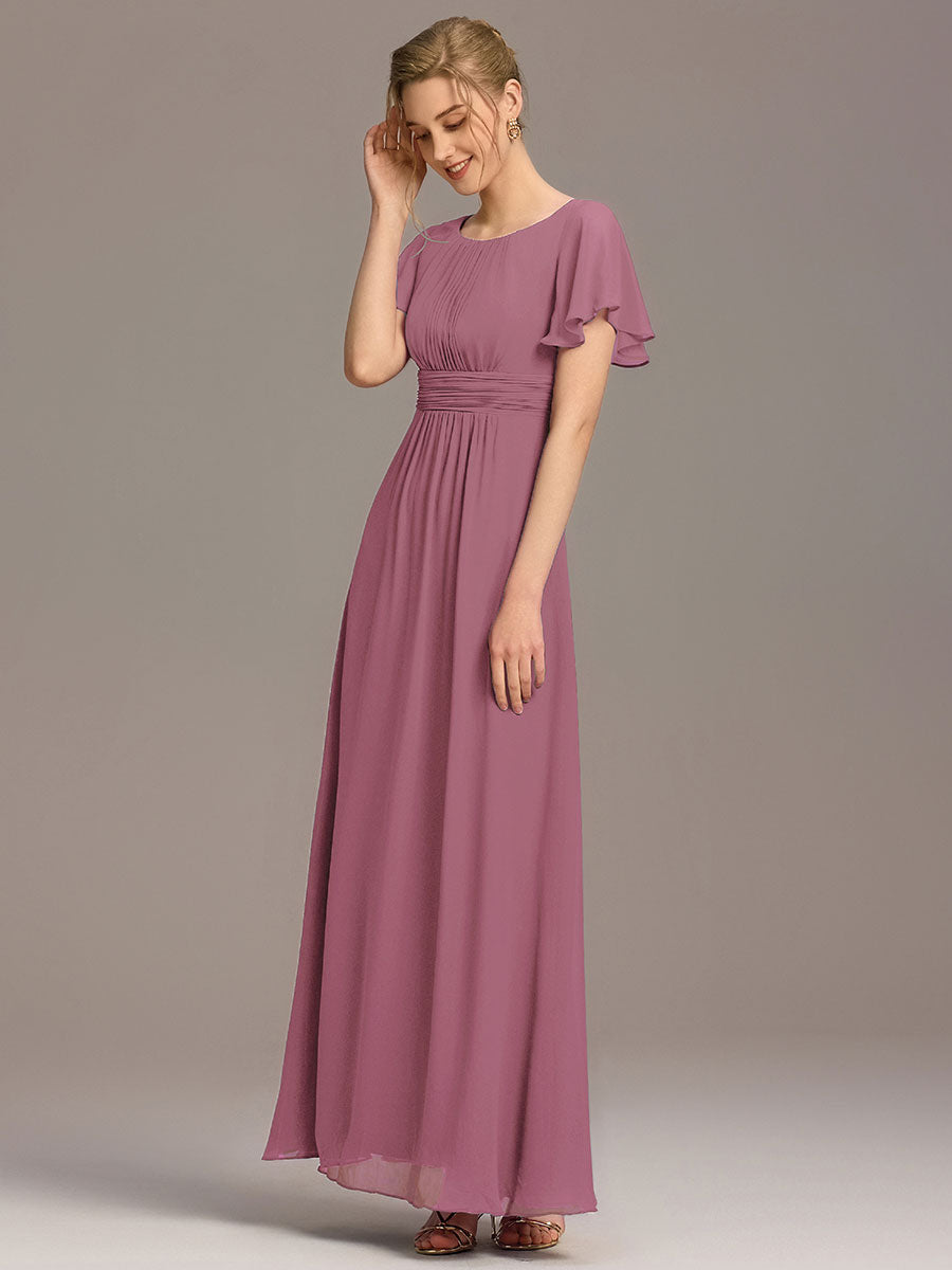 Bodenlanger A-Linien Chiffon Kleid Mit Falten Und Raffung Rundhalsausschnitt #Farbe_Orchideenviolett