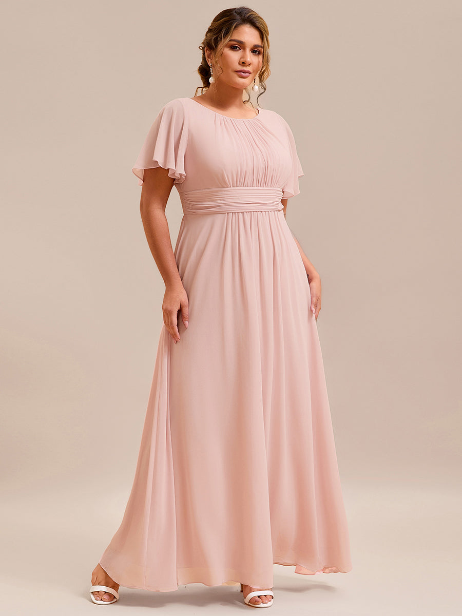 Bodenlanger A-Linien Chiffon Kleid Mit Falten Und Raffung Rundhalsausschnitt #Farbe_Rosa