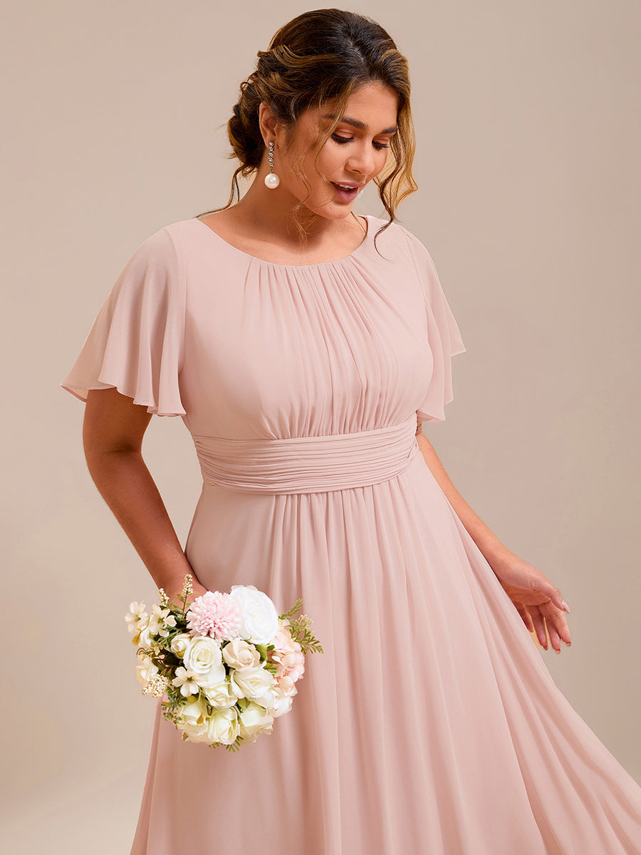 Bodenlanger A-Linien Chiffon Kleid Mit Falten Und Raffung Rundhalsausschnitt #Farbe_Rosa