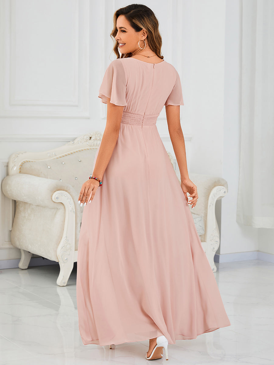 Bodenlanger A-Linien Chiffon Kleid Mit Falten Und Raffung Rundhalsausschnitt #Farbe_Rosa