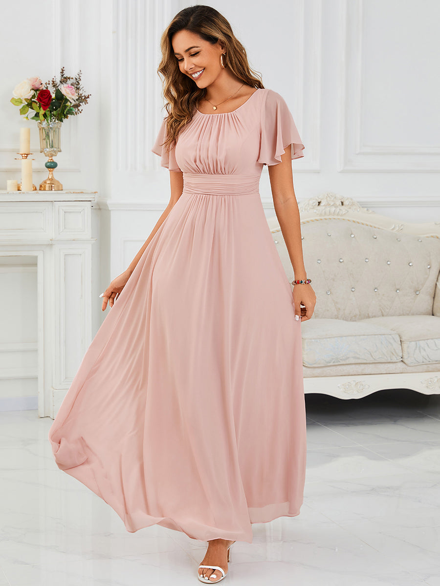 Bodenlanger A-Linien Chiffon Kleid Mit Falten Und Raffung Rundhalsausschnitt #Farbe_Rosa