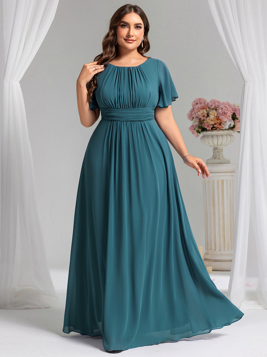 Bodenlanger A-Linien Chiffon Kleid Mit Falten Und Raffung Rundhals #Farbe_Petrol