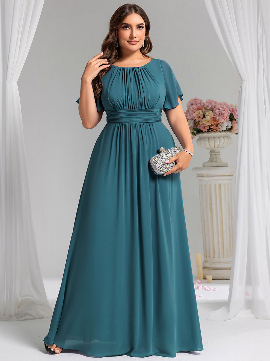 Bodenlanger A-Linien Chiffon Kleid Mit Falten Und Raffung Rundhals #Farbe_Petrol