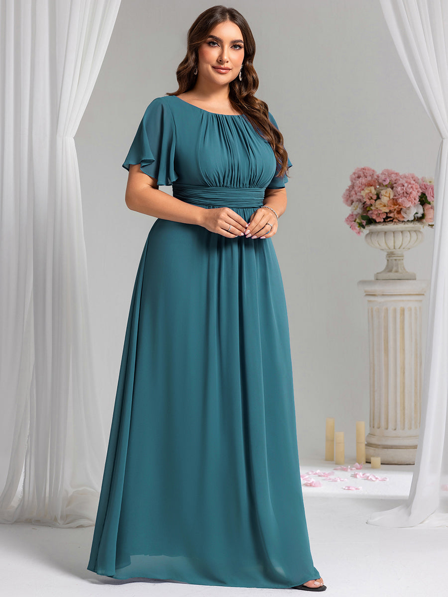 Bodenlanger A-Linien Chiffon Kleid Mit Falten Und Raffung Rundhals #Farbe_Petrol