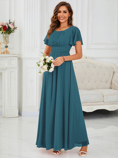 Bodenlanger A-Linien Chiffon Kleid Mit Falten Und Raffung Rundhals #Farbe_Petrol