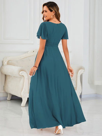 Bodenlanger A-Linien Chiffon Kleid Mit Falten Und Raffung Rundhals #Farbe_Petrol