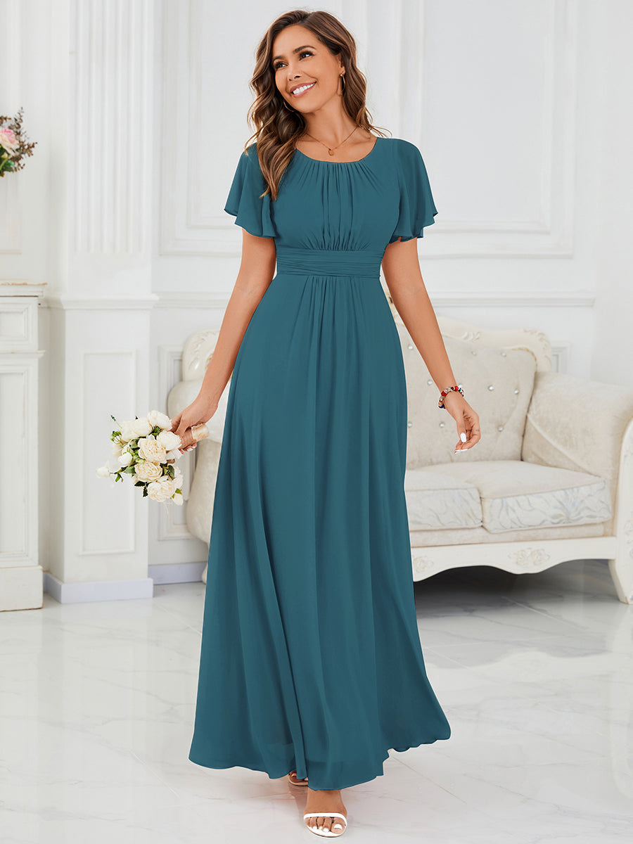 Bodenlanger A-Linien Chiffon Kleid Mit Falten Und Raffung Rundhals #Farbe_Petrol