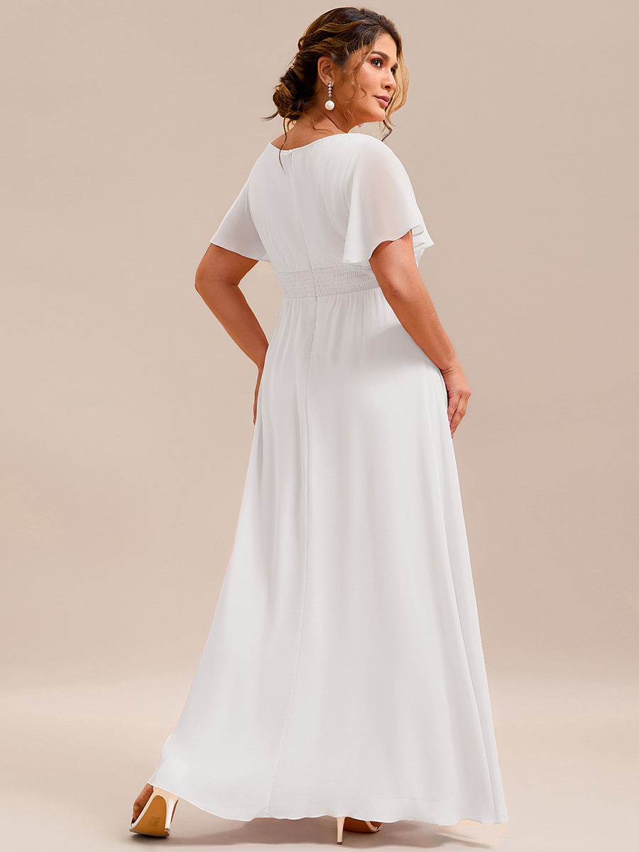 Bodenlanger A-Linien Chiffon Kleid Mit Falten Und Raffung Rundhals #Farbe_Weiß