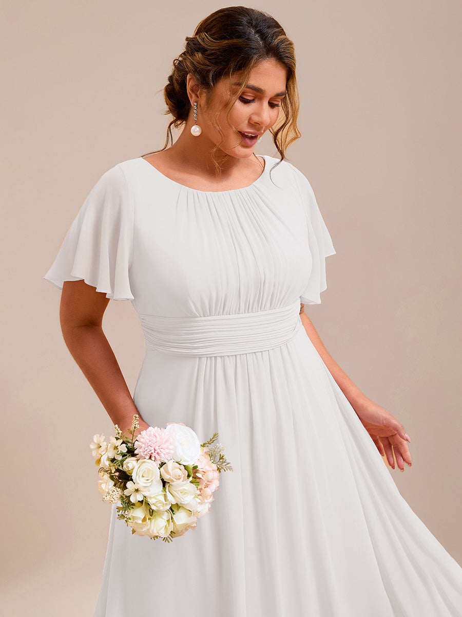 Bodenlanger A-Linien Chiffon Kleid Mit Falten Und Raffung Rundhals #Farbe_Weiß