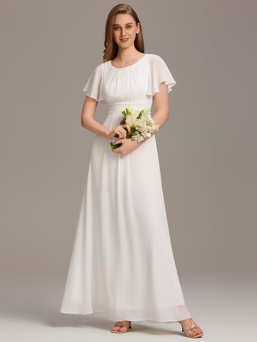 Bodenlanger A-Linien Chiffon Kleid Mit Falten Und Raffung Rundhals #Farbe_Weiß
