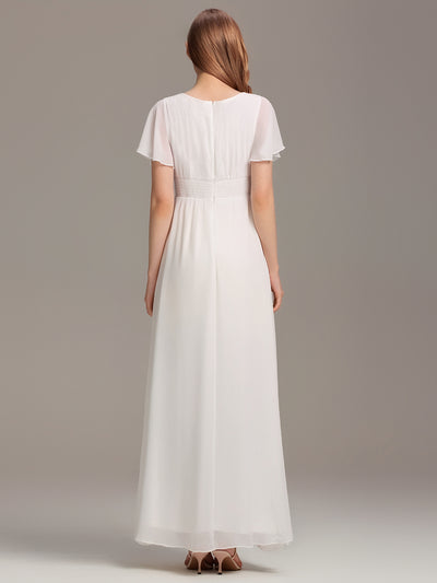 Bodenlanger A-Linien Chiffon Kleid Mit Falten Und Raffung Rundhals #Farbe_Weiß