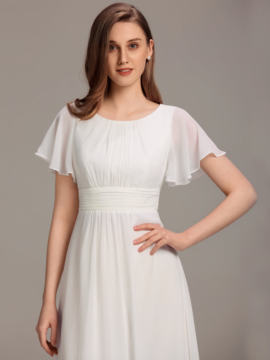 Bodenlanger A-Linien Chiffon Kleid Mit Falten Und Raffung Rundhals #Farbe_Weiß