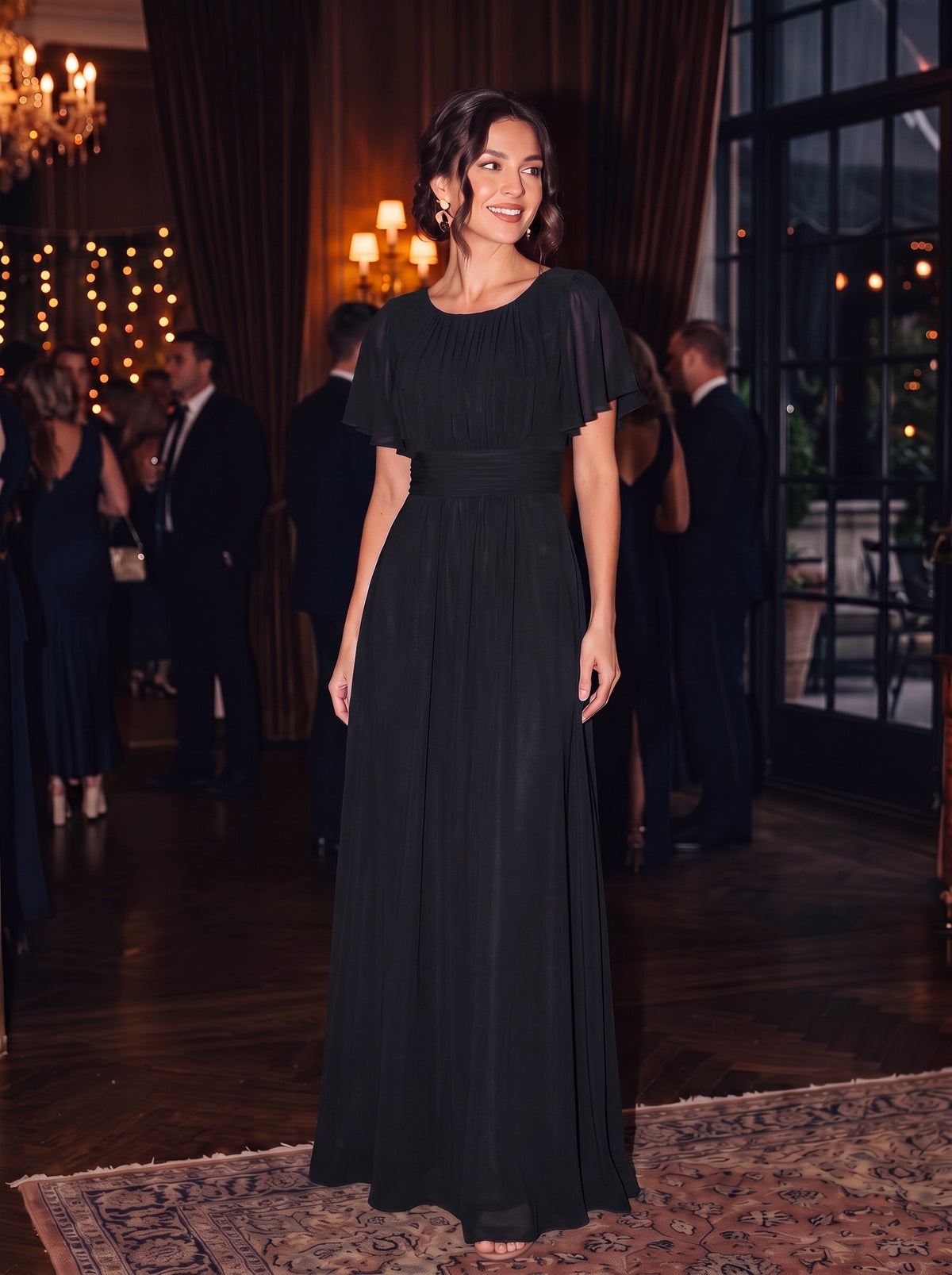 Bodenlanger A-Linien Chiffonkleid Mit Falten Und Rüschen Details Rundhals #Farbe_Schwarz