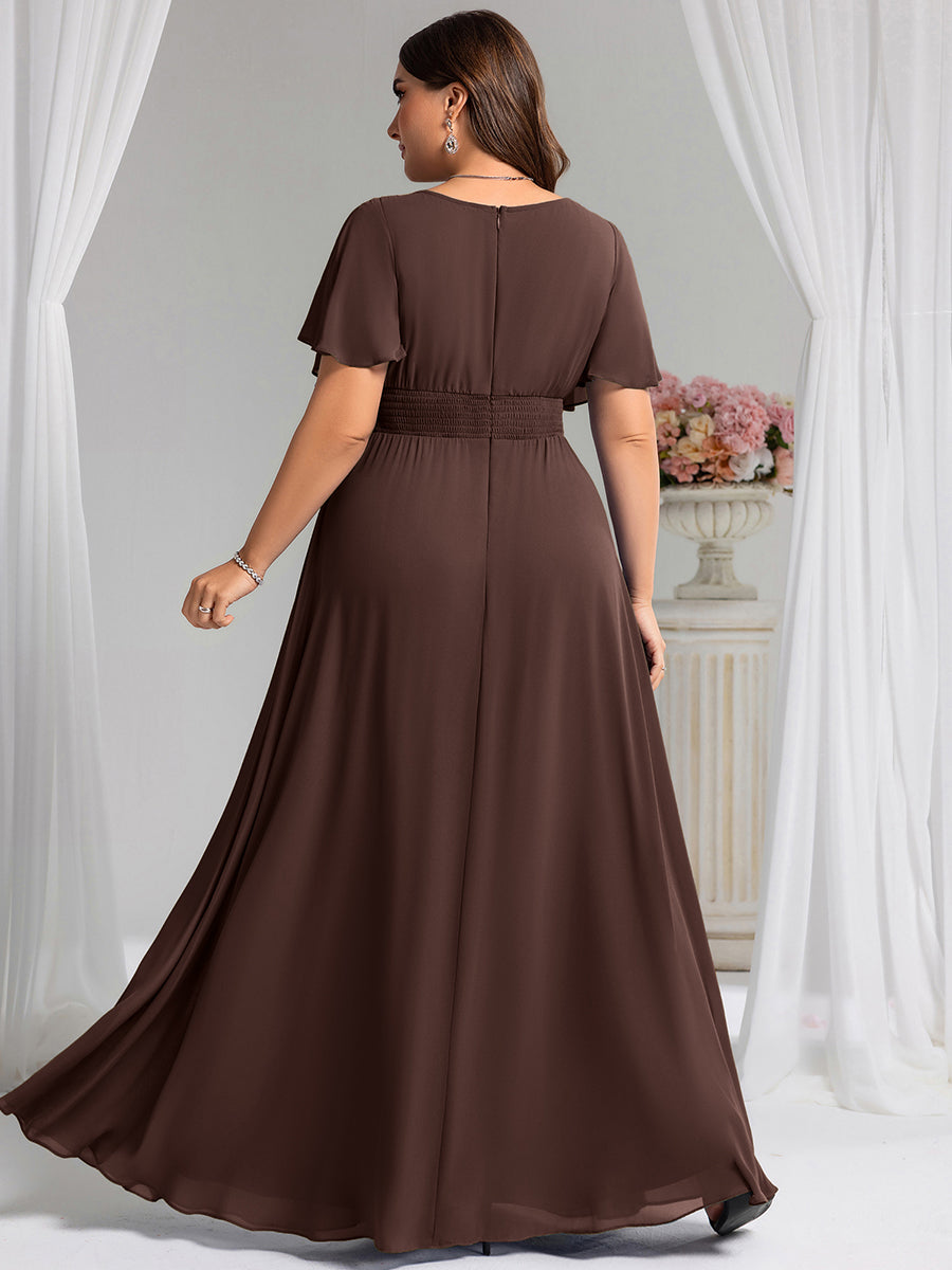 Bodenlanger A-Linien Chiffonkleid Mit Falten Und Rüschen Details Rundhals #Farbe_Schokoladenbraun