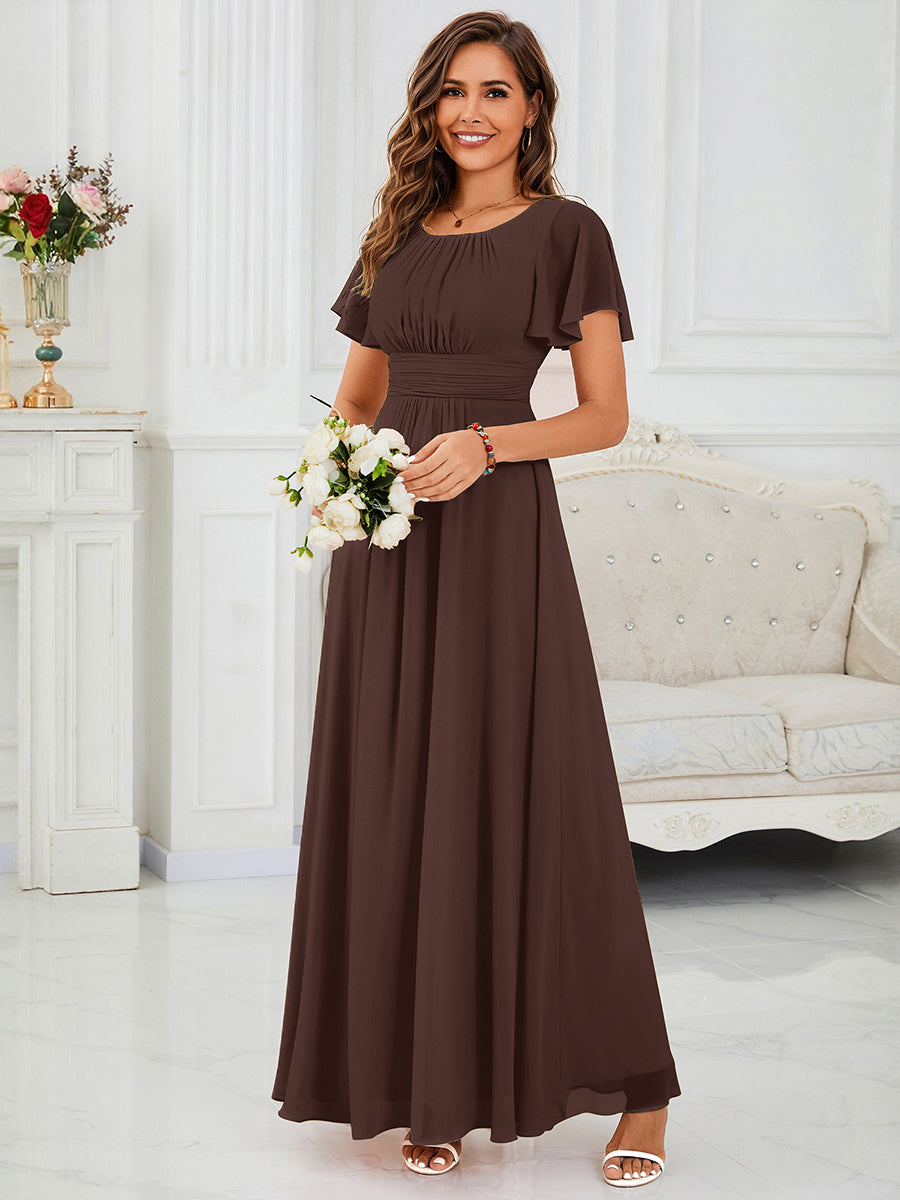 Bodenlanger A-Linien Chiffonkleid Mit Falten Und Rüschen Details Rundhals #Farbe_Schokoladenbraun