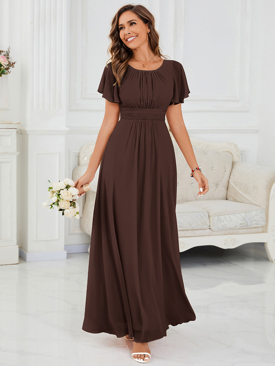 Bodenlanger A-Linien Chiffonkleid Mit Falten Und Rüschen Details Rundhals #Farbe_Schokoladenbraun