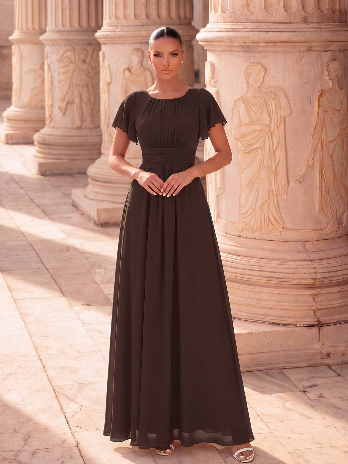 Bodenlanger A-Linien Chiffonkleid Mit Falten Und Rüschen Details Rundhals #Farbe_Schokoladenbraun
