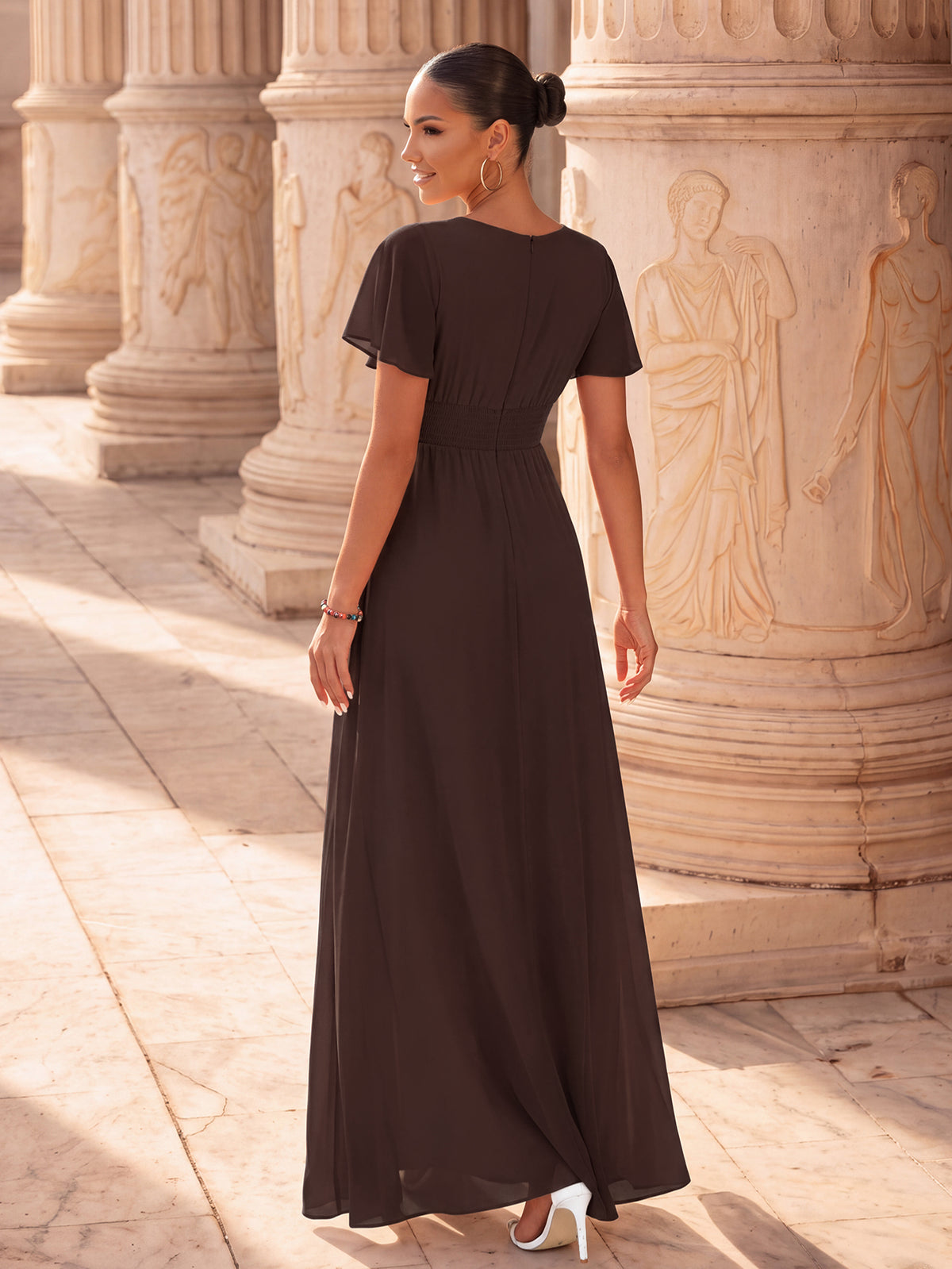 Bodenlanger A-Linien Chiffonkleid Mit Falten Und Rüschen Details Rundhals #Farbe_Schokoladenbraun