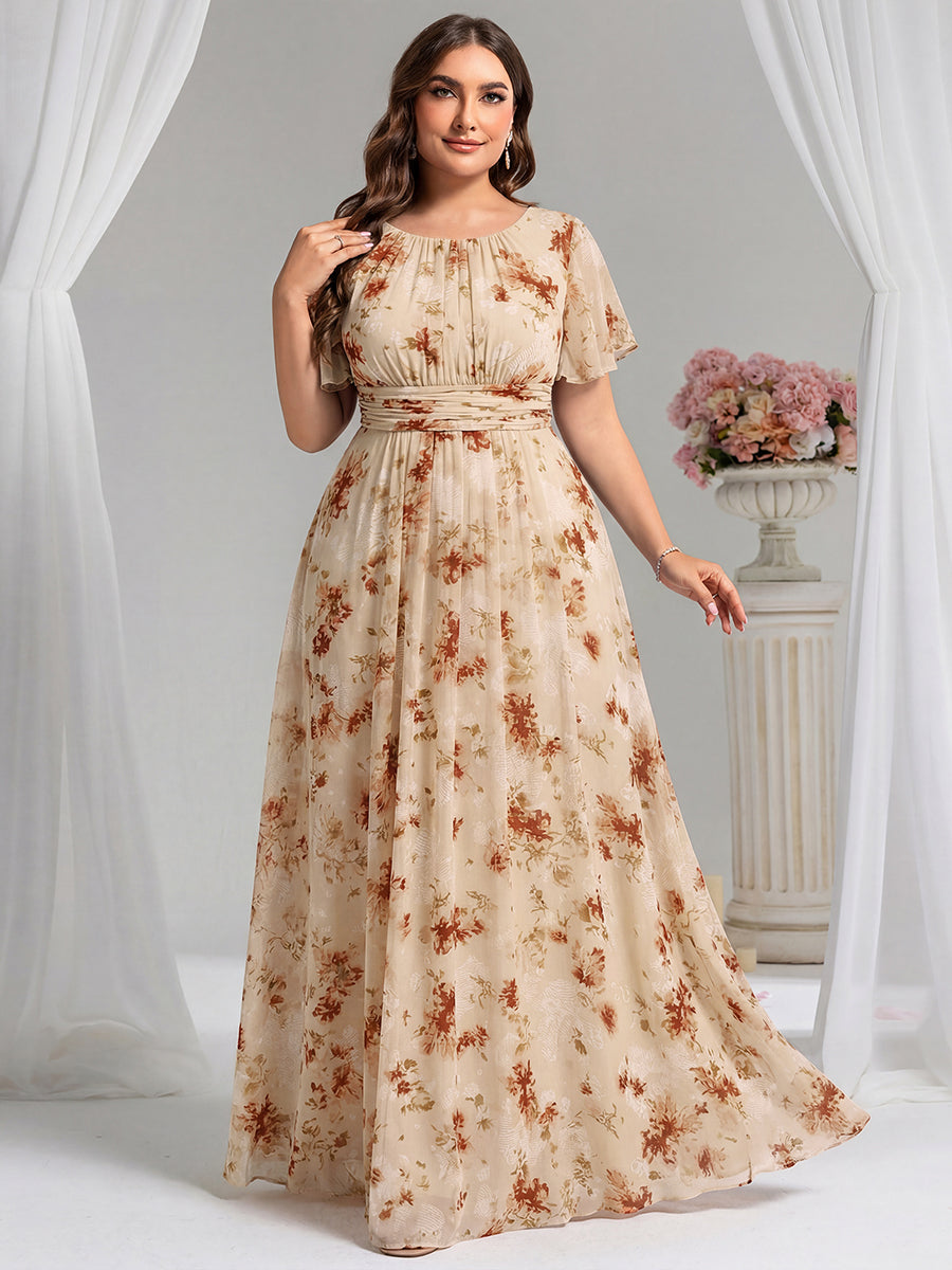 Bodenlanger A-Linien Chiffon Kleid Mit Falten Und Raffung Rundhals #Farbe_Champagner-Druck