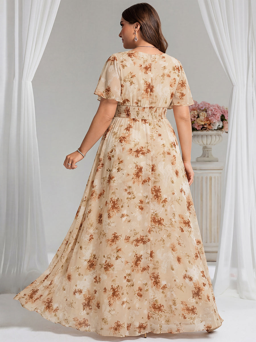 Bodenlanger A-Linien Chiffon Kleid Mit Falten Und Raffung Rundhals #Farbe_Champagner-Druck