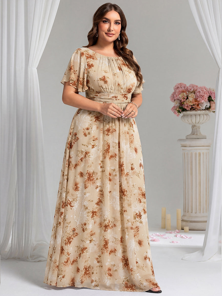 Bodenlanger A-Linien Chiffon Kleid Mit Falten Und Raffung Rundhals #Farbe_Champagner-Druck
