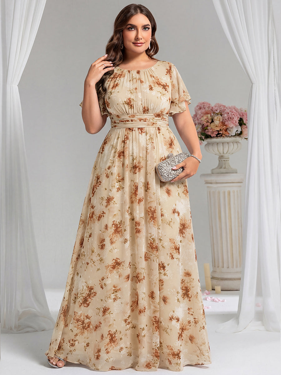 Bodenlanger A-Linien Chiffon Kleid Mit Falten Und Raffung Rundhals #Farbe_Champagner-Druck