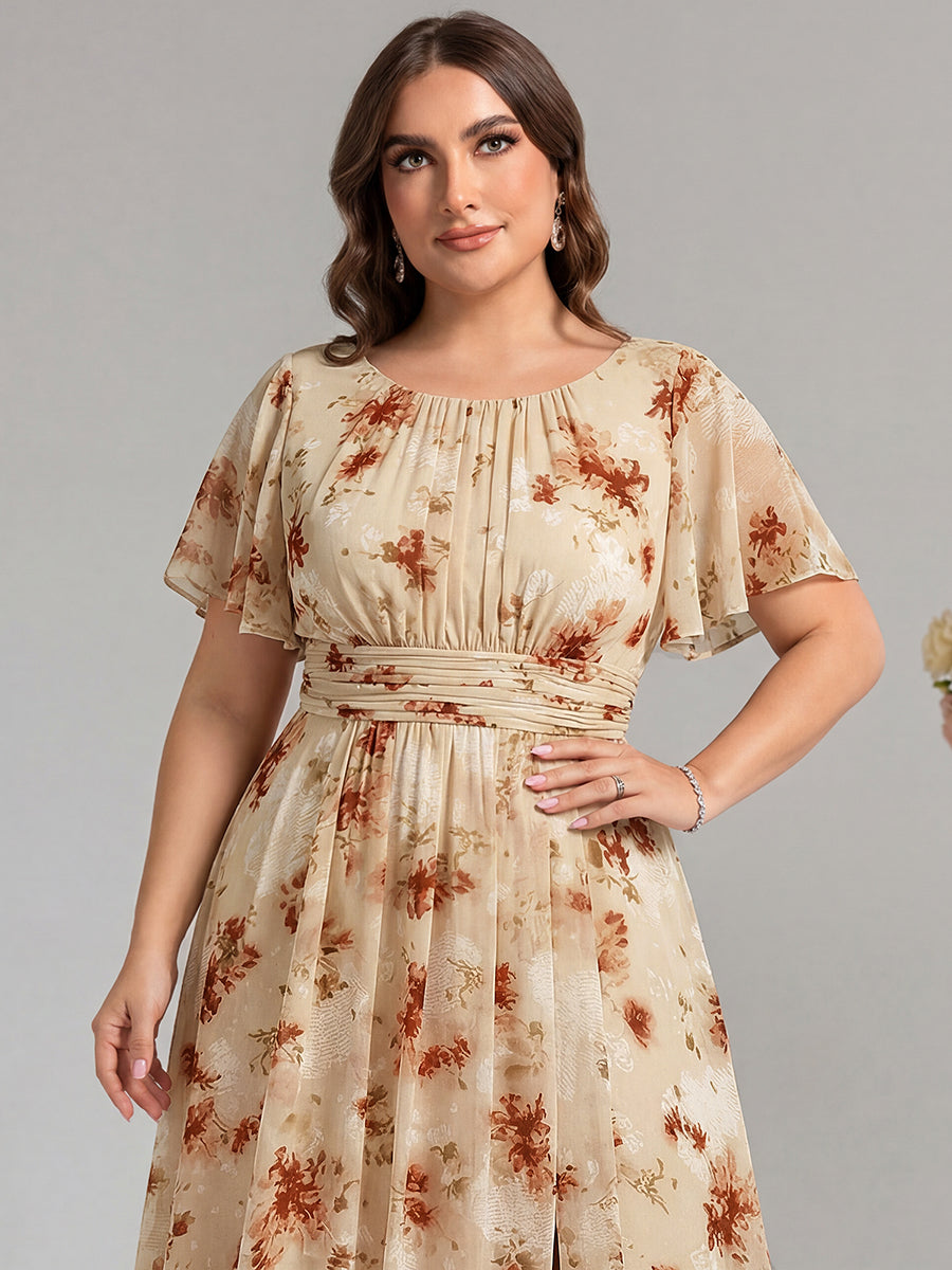 Bodenlanger A-Linien Chiffon Kleid Mit Falten Und Raffung Rundhals #Farbe_Champagner-Druck