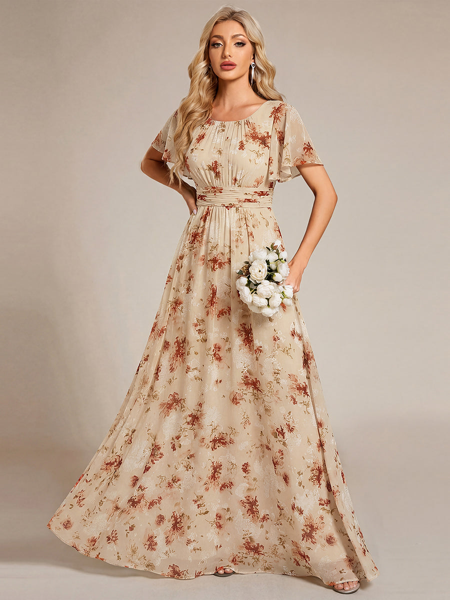 Bodenlanger A-Linien Chiffon Kleid Mit Falten Und Raffung Rundhals #Farbe_Champagner-Druck