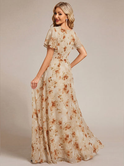 Bodenlanger A-Linien Chiffon Kleid Mit Falten Und Raffung Rundhals #Farbe_Impression Champagne