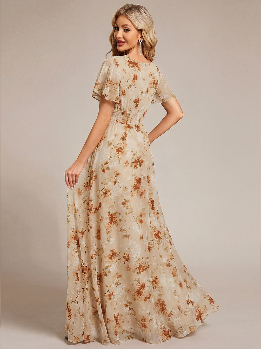 Bodenlanger A-Linien Chiffon Kleid Mit Falten Und Raffung Rundhals #Farbe_Champagner-Druck