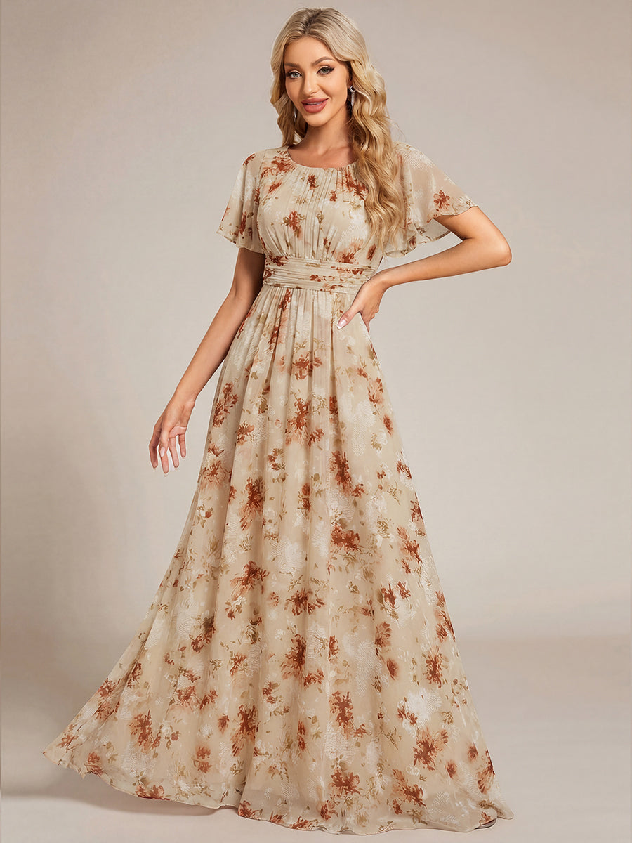 Bodenlanger A-Linien Chiffon Kleid Mit Falten Und Raffung Rundhals #Farbe_Champagner-Druck