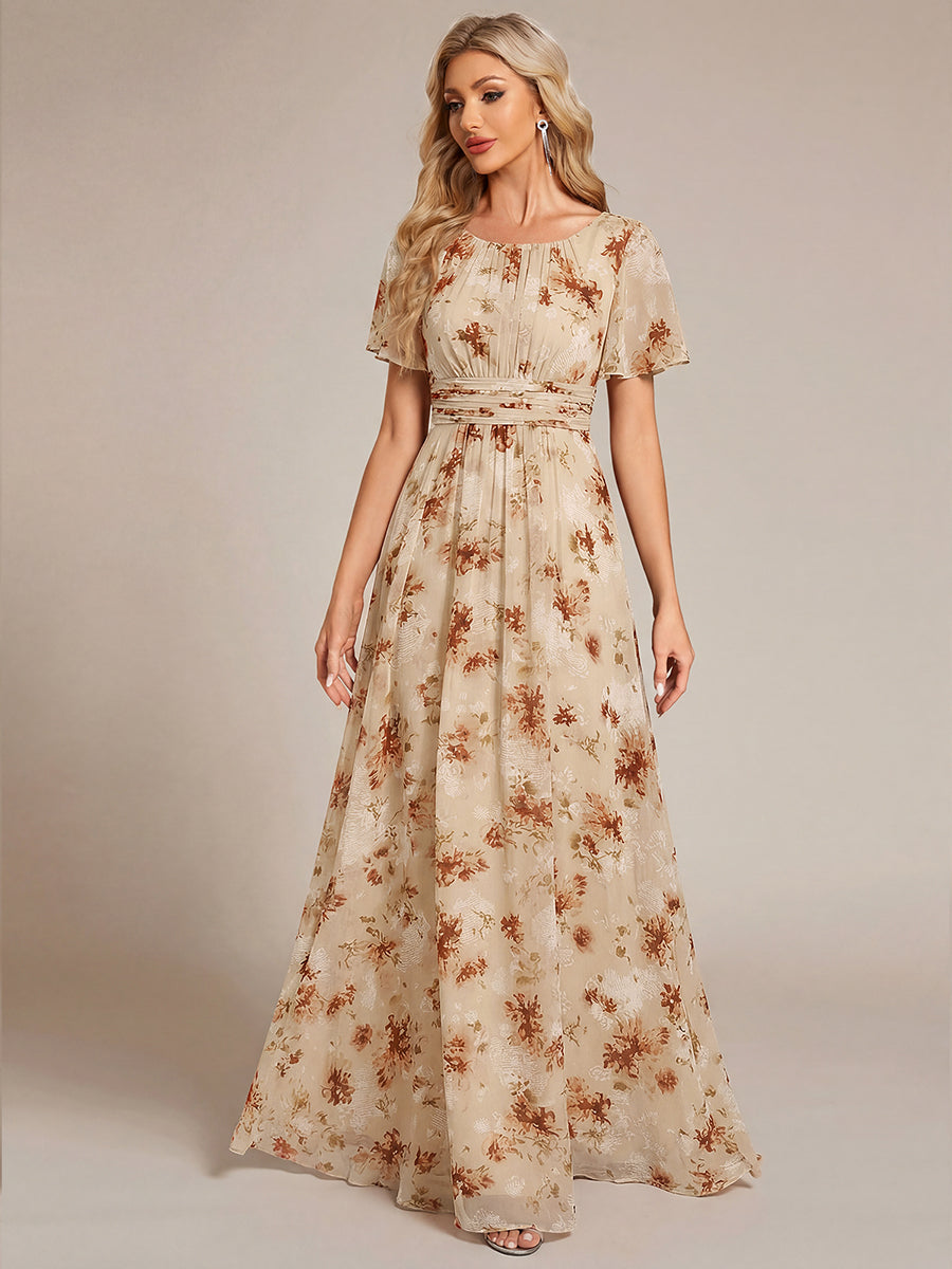 Bodenlanger A-Linien Chiffon Kleid Mit Falten Und Raffung Rundhals #Farbe_Champagner-Druck
