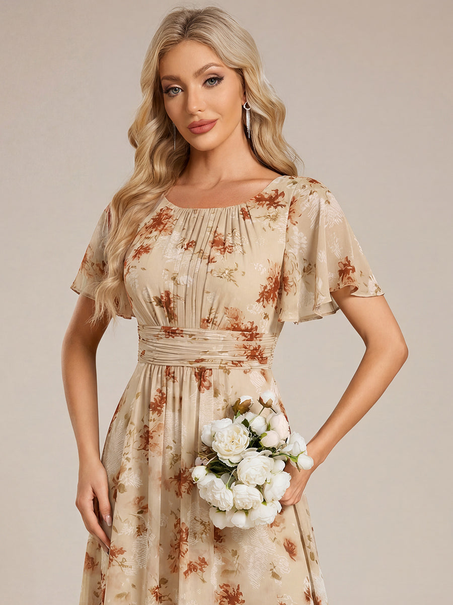 Bodenlanger A-Linien Chiffon Kleid Mit Falten Und Raffung Rundhals #Farbe_Champagner-Druck