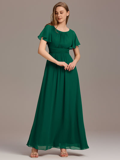 Bodenlanger A-Linien Chiffonkleid Mit Falten Und Rüschen Details Rundhals #Farbe_Dunkelgrün