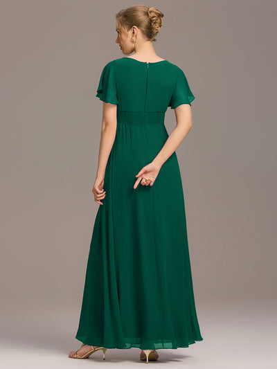 Bodenlanger A-Linien Chiffonkleid Mit Falten Und Rüschen Details Rundhals #Farbe_Dunkelgrün