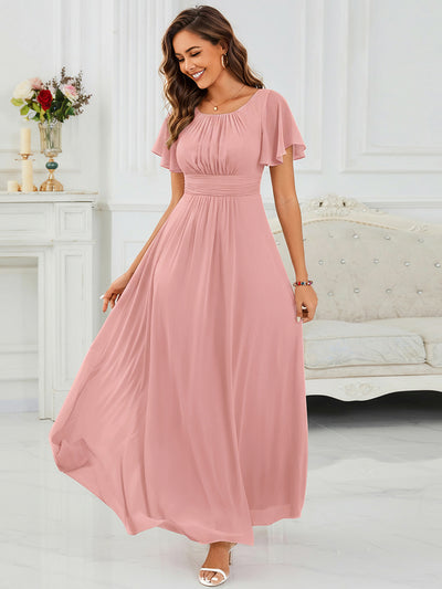 Bodenlanger A-Linien Chiffonkleid Mit Falten Und Rüschen Details Rundhals #Farbe_Altrosa