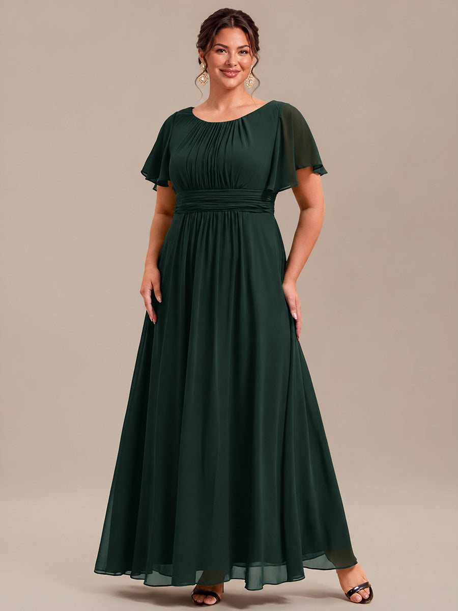 Bodenlanger A-Linien Chiffon Kleid Mit Falten Und Raffung Rundhals #Farbe_Dunkelwaldgrün
