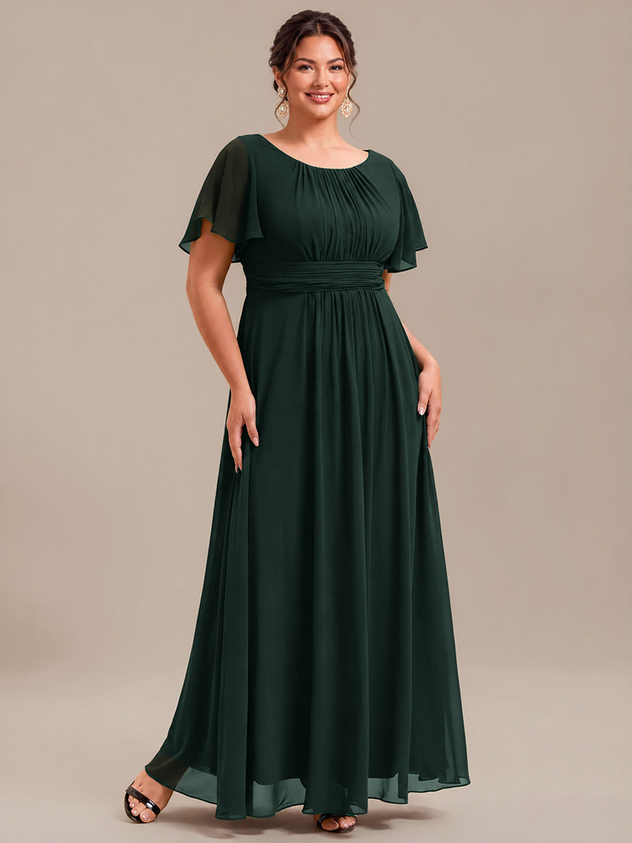 Bodenlanger A-Linien Chiffon Kleid Mit Falten Und Raffung Rundhals #Farbe_Dunkelwaldgrün