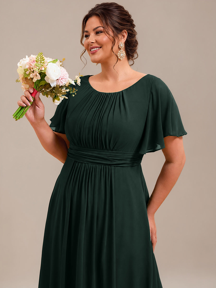 Bodenlanger A-Linien Chiffon Kleid Mit Falten Und Raffung Rundhals #Farbe_Dunkelwaldgrün