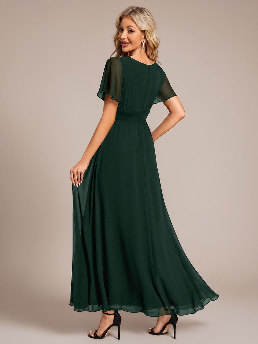 Bodenlanger A-Linien Chiffon Kleid Mit Falten Und Raffung Rundhals #Farbe_Dunkelwaldgrün