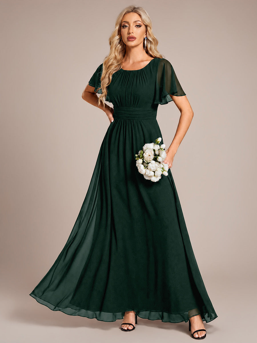 Bodenlanger A-Linien Chiffon Kleid Mit Falten Und Raffung Rundhals #Farbe_Dunkelwaldgrün