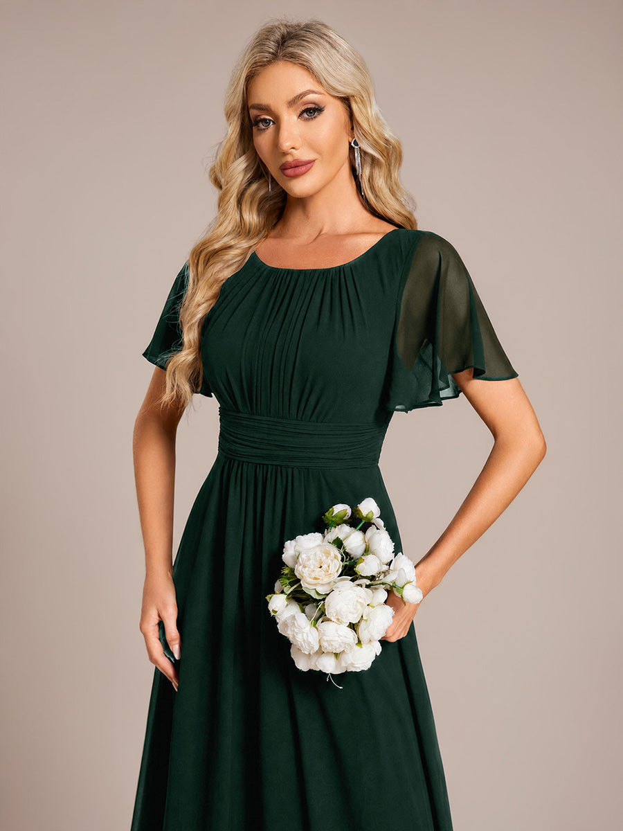 Bodenlanger A-Linien Chiffon Kleid Mit Falten Und Raffung Rundhals #Farbe_Dunkelwaldgrün