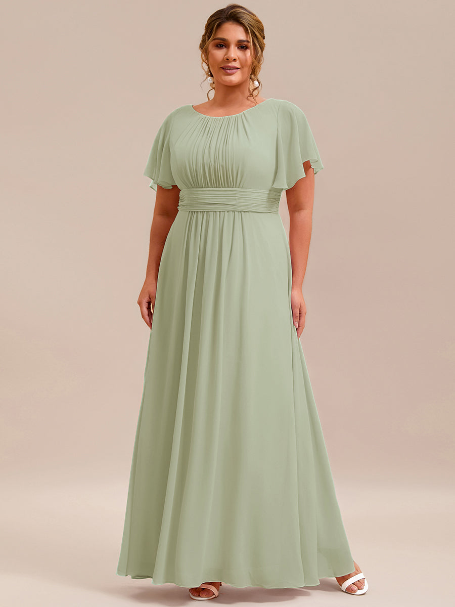 Bodenlanger A-Linien Chiffonkleid Mit Falten Und Rüschen Details Rundhals #Farbe_Mintgrün