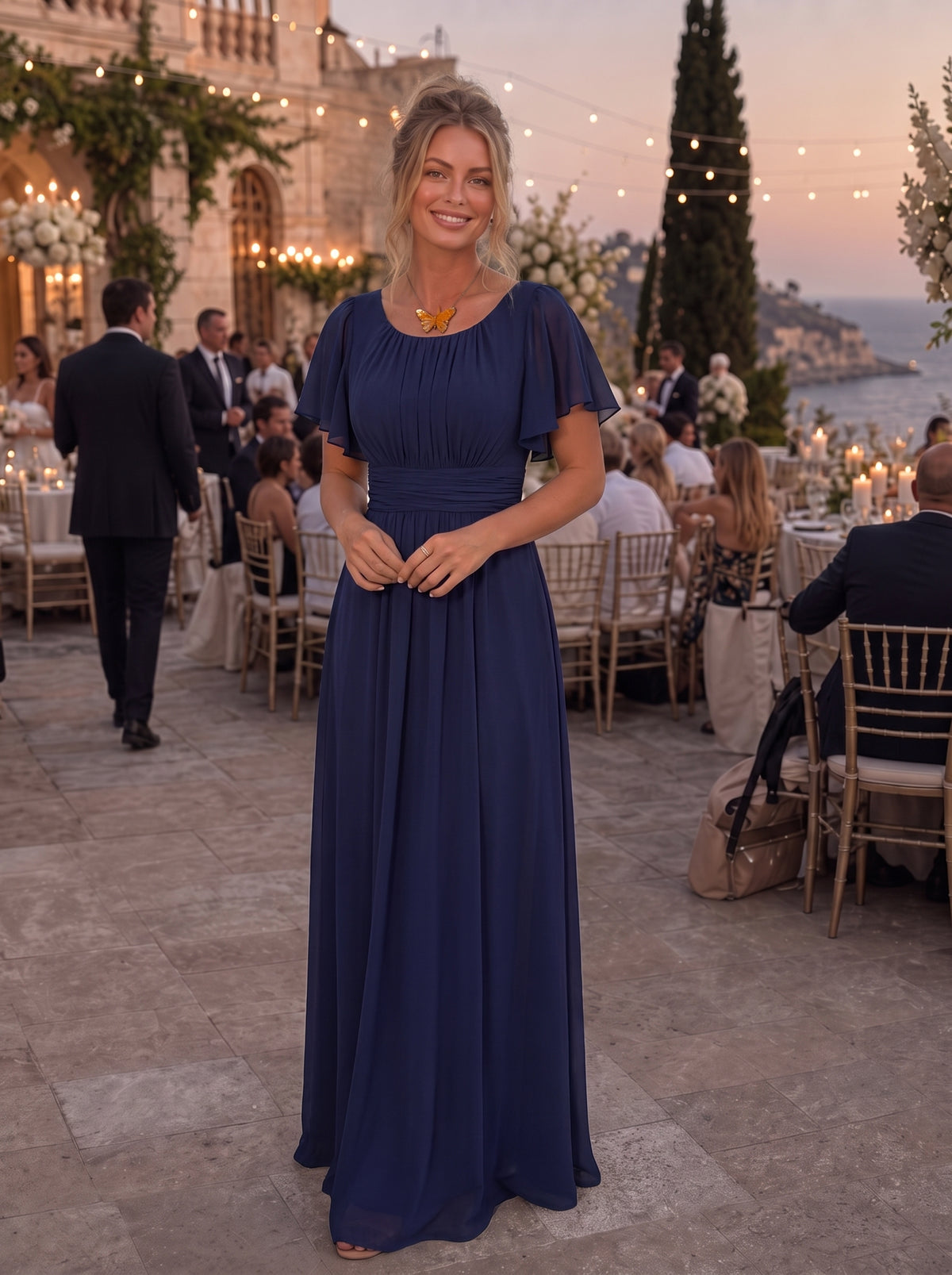 Bodenlanger A-Linien Chiffonkleid Mit Falten Und Rüschen Details Rundhals #Farbe_Marineblau
