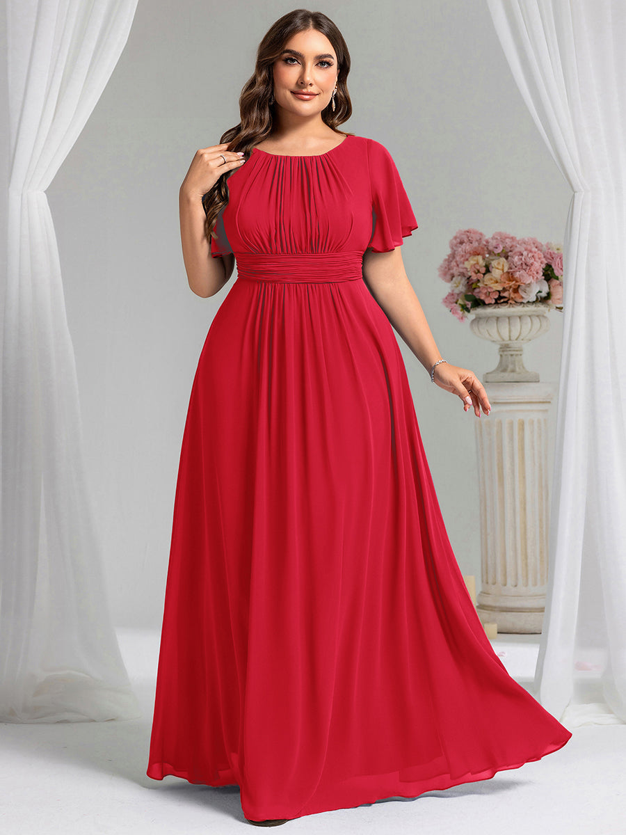 Bodenlanger A-Linien Chiffonkleid Mit Falten Und Rüschen Details Rundhals #Farbe_Rot