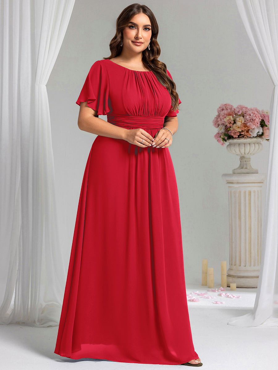 Bodenlanger A-Linien Chiffonkleid Mit Falten Und Rüschen Details Rundhals #Farbe_Rot