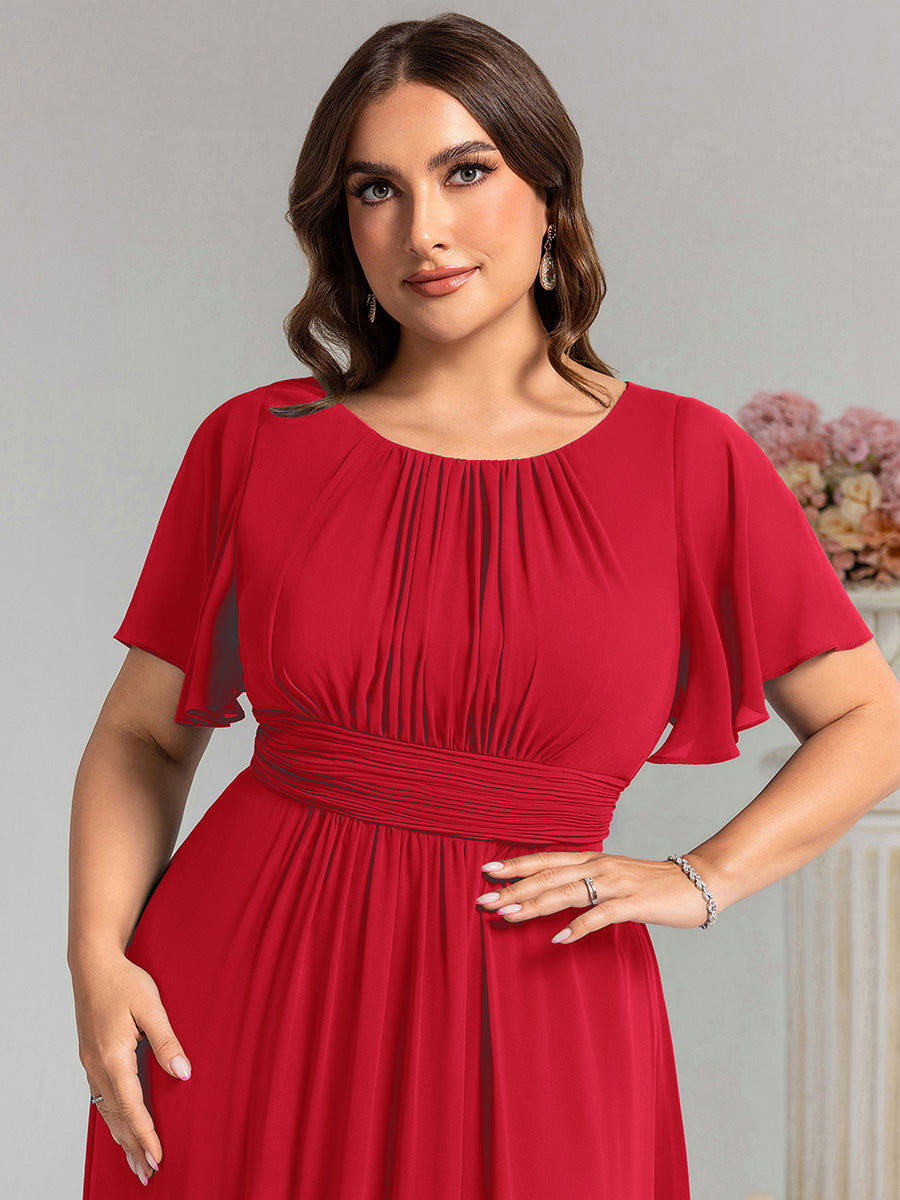 Bodenlanger A-Linien Chiffonkleid Mit Falten Und Rüschen Details Rundhals #Farbe_Rot