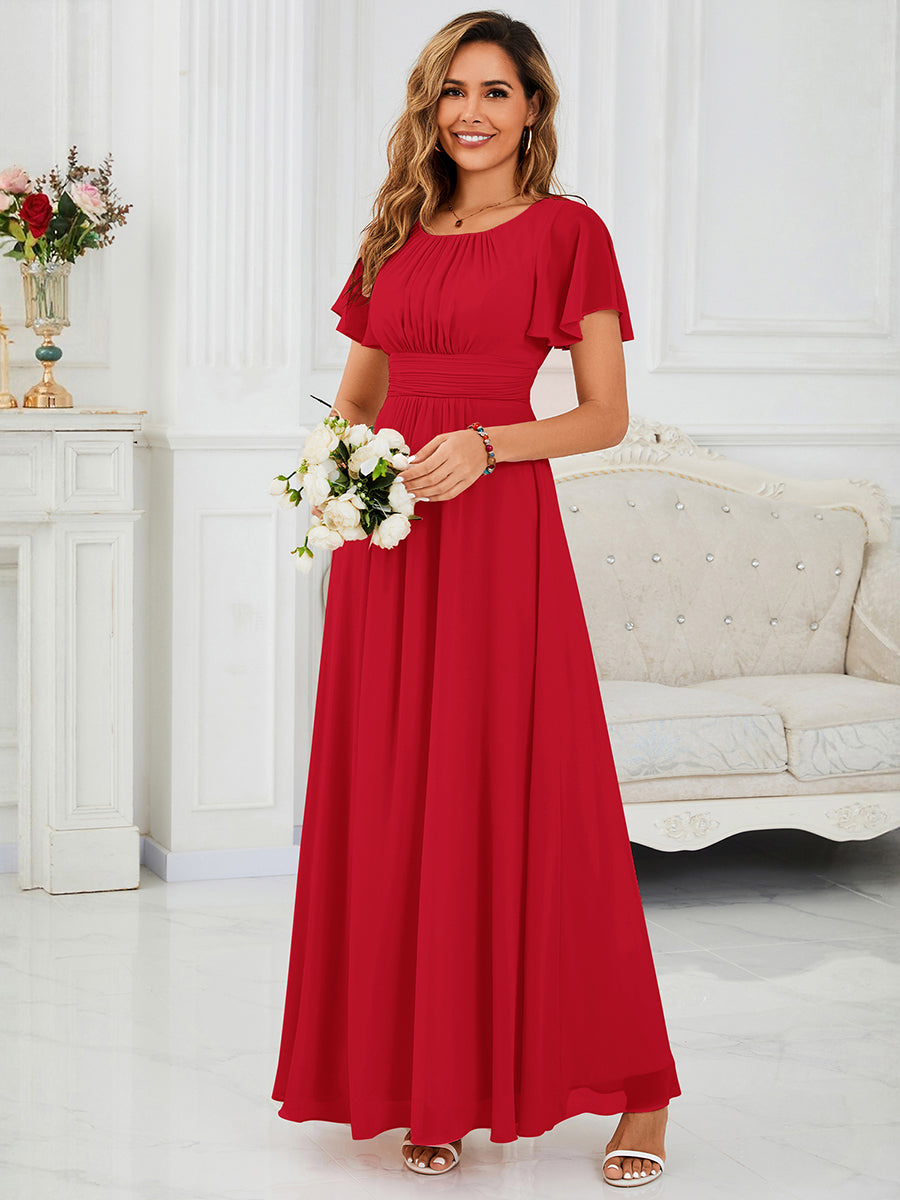 Bodenlanger A-Linien Chiffonkleid Mit Falten Und Rüschen Details Rundhals #Farbe_Rot
